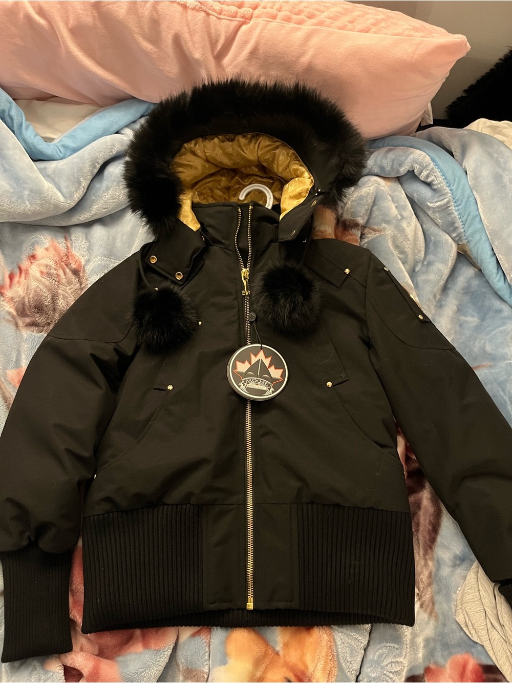 Moose Knuckles Black Kids Puffer Jacket with Gold Lining & Faux Fur Trim